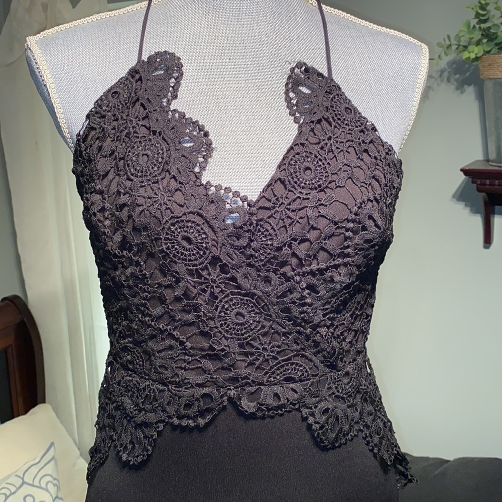 Shein little black dress sexy Slinky black lace crochet top slip dress xs